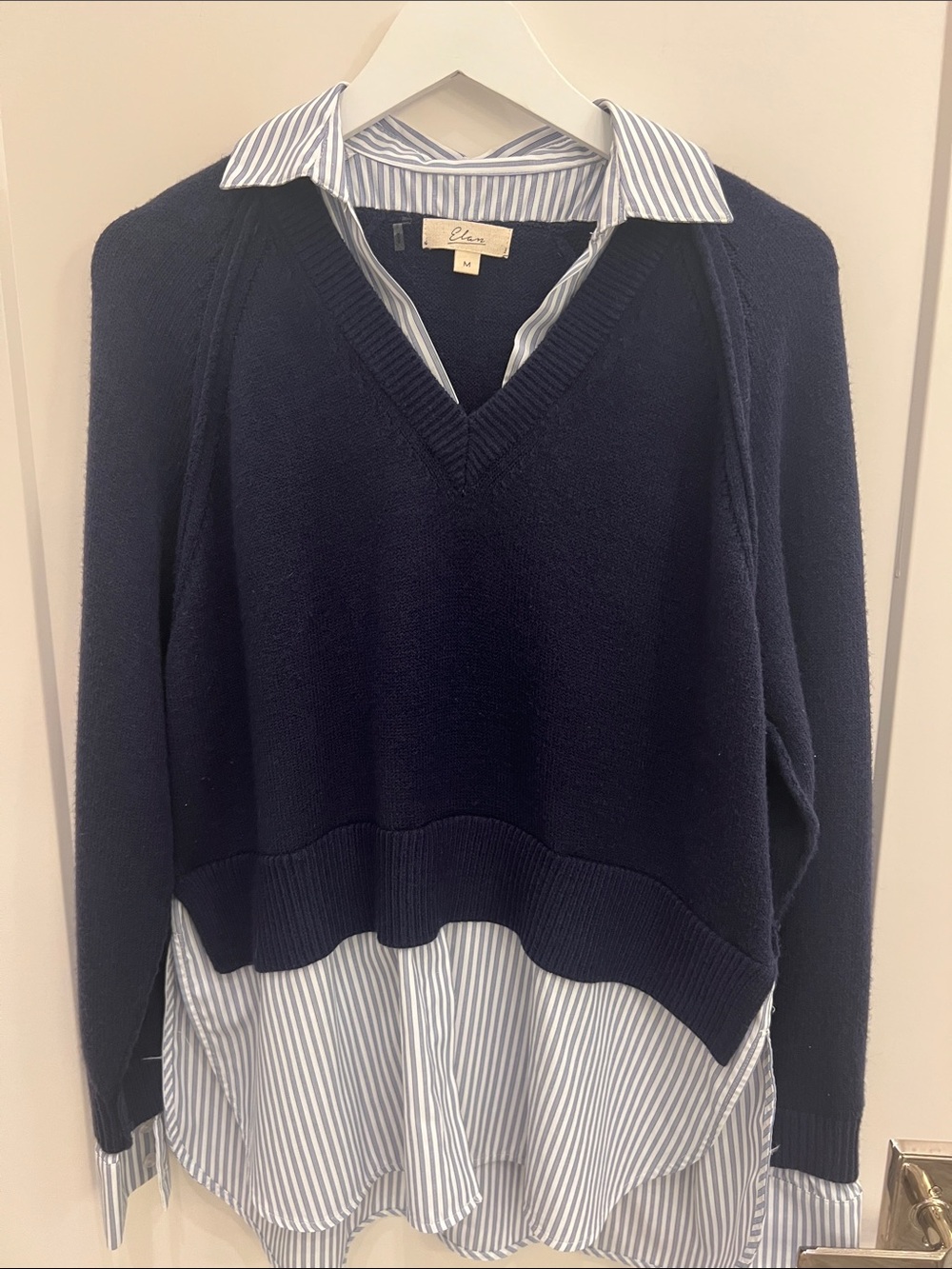 Elan Navy V-Neck Sweater with Layered Shirt Hem